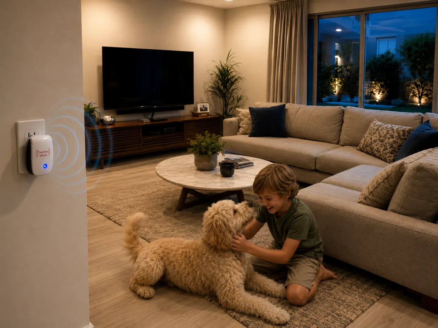 Criança e cachorro brincando na sala protegida pelo Repelente Oficial